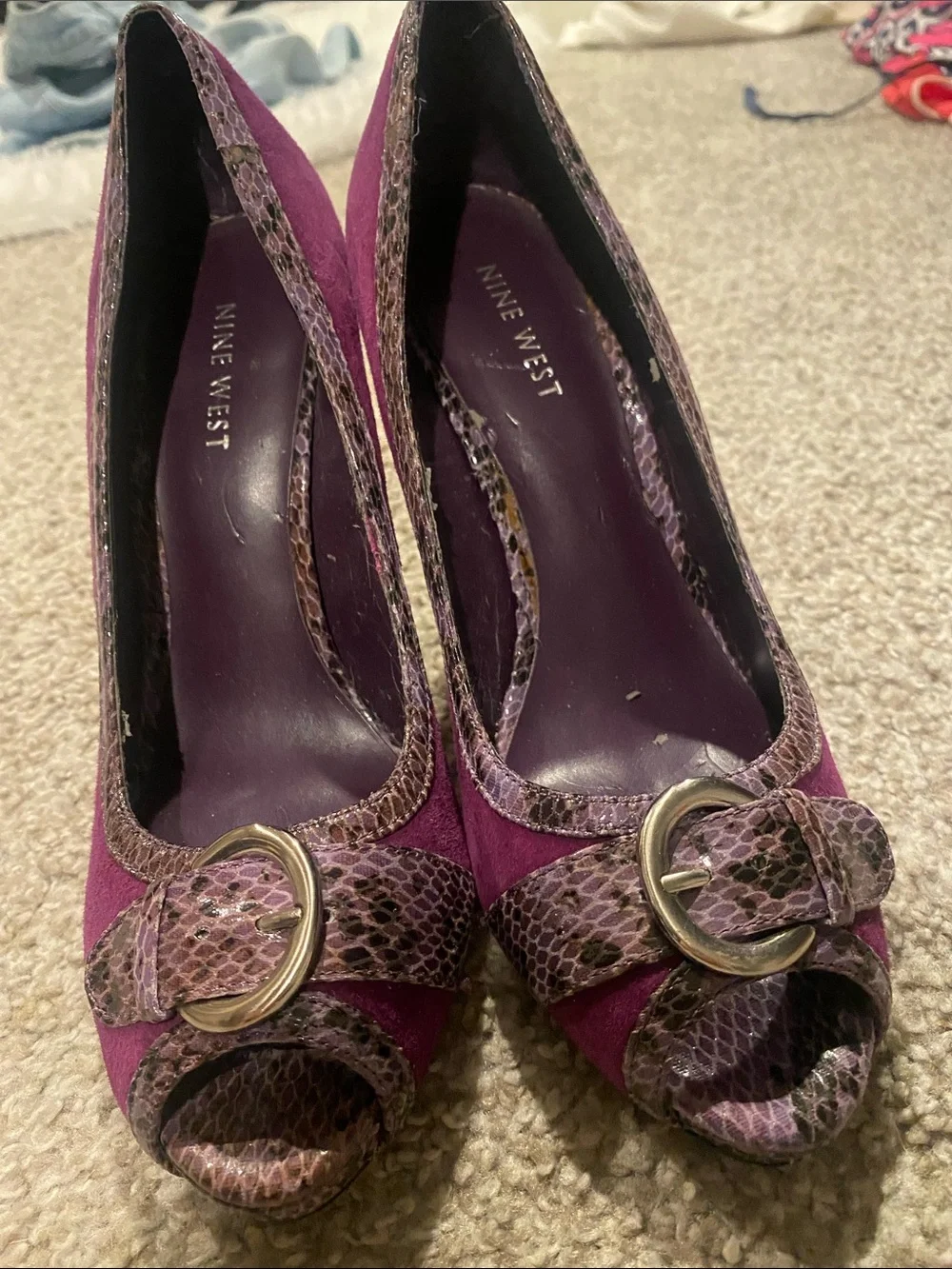 Nine West Purple Suede Peep-Toe Pumps with Snakeskin Accent and Gold Buckle